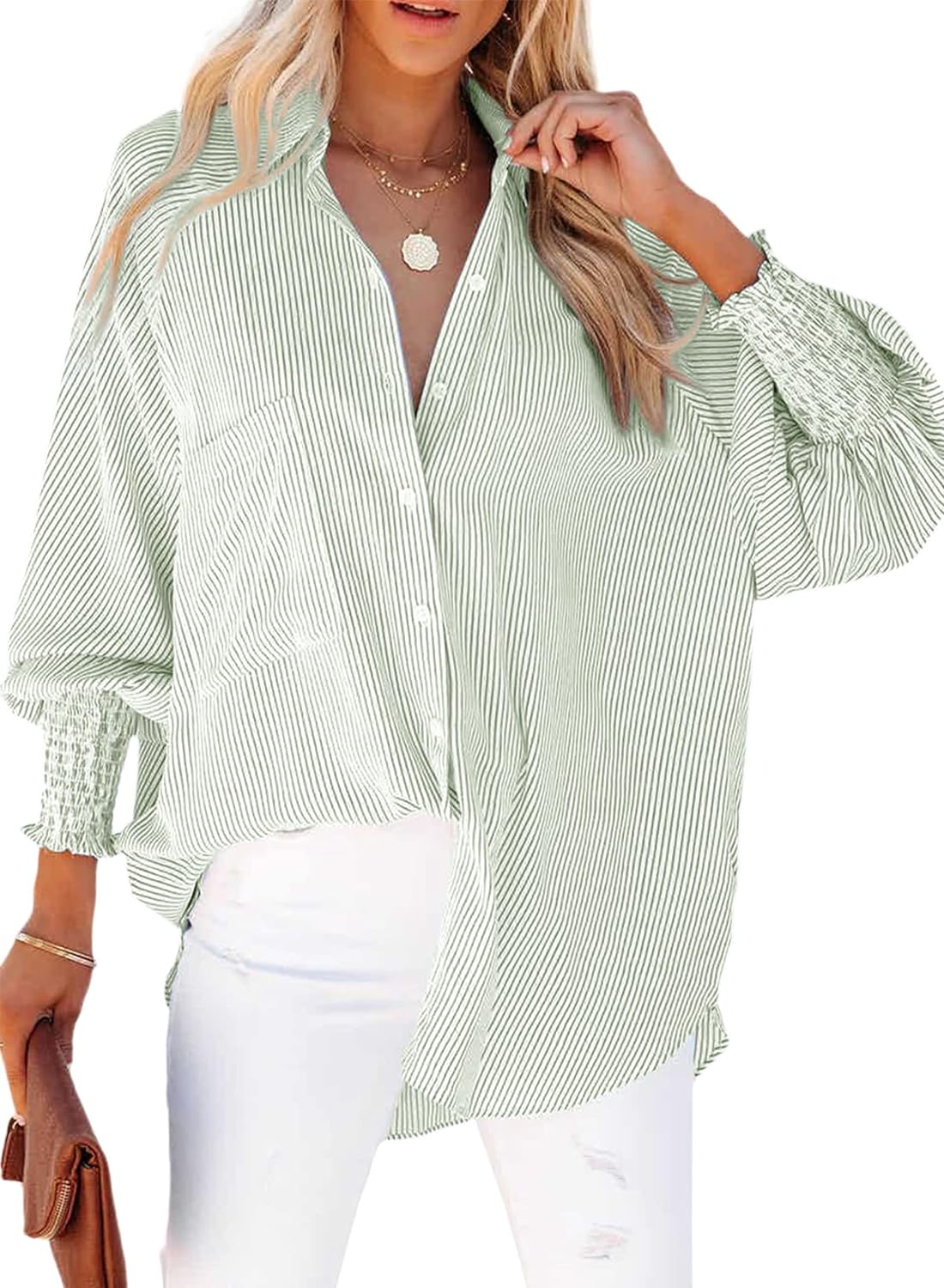 Camisa verde a rayas oversized de LEMAFER de venta en Amazon.