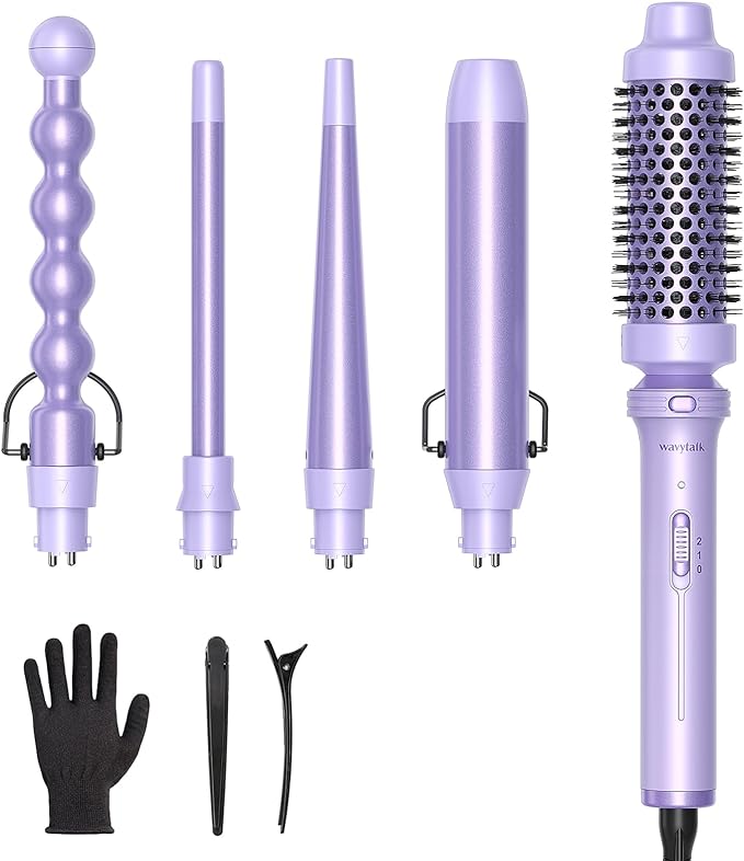 5 in 1 Curling Iron, Wand and Brush Set de Wavytalk en color morado.