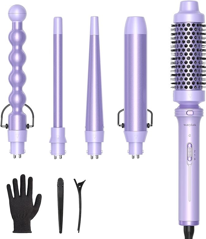 5 in 1 Curling Iron, Wand and Brush Set de Wavytalk en color morado.