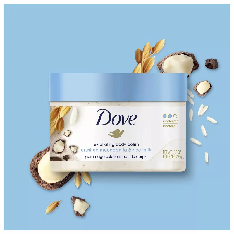 Crushed Macadamia & Rice Milk Exfoliating Body Scrub de Dove.