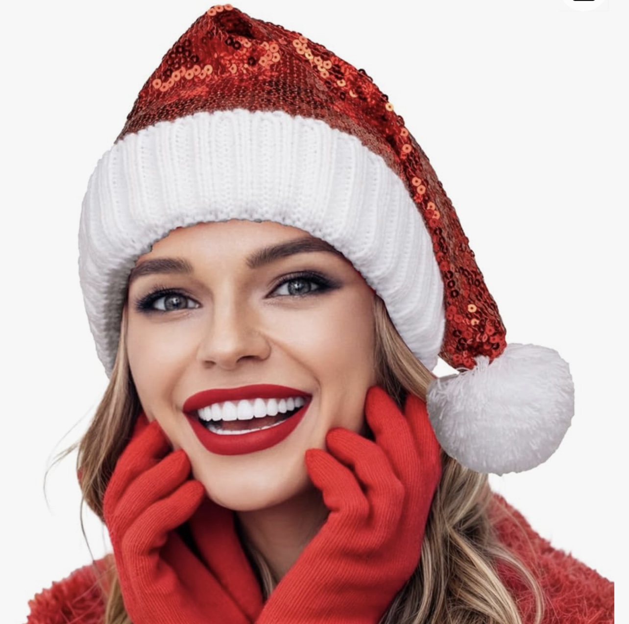 Gorro de Navidad con lentejuelas disponible en Amazon.