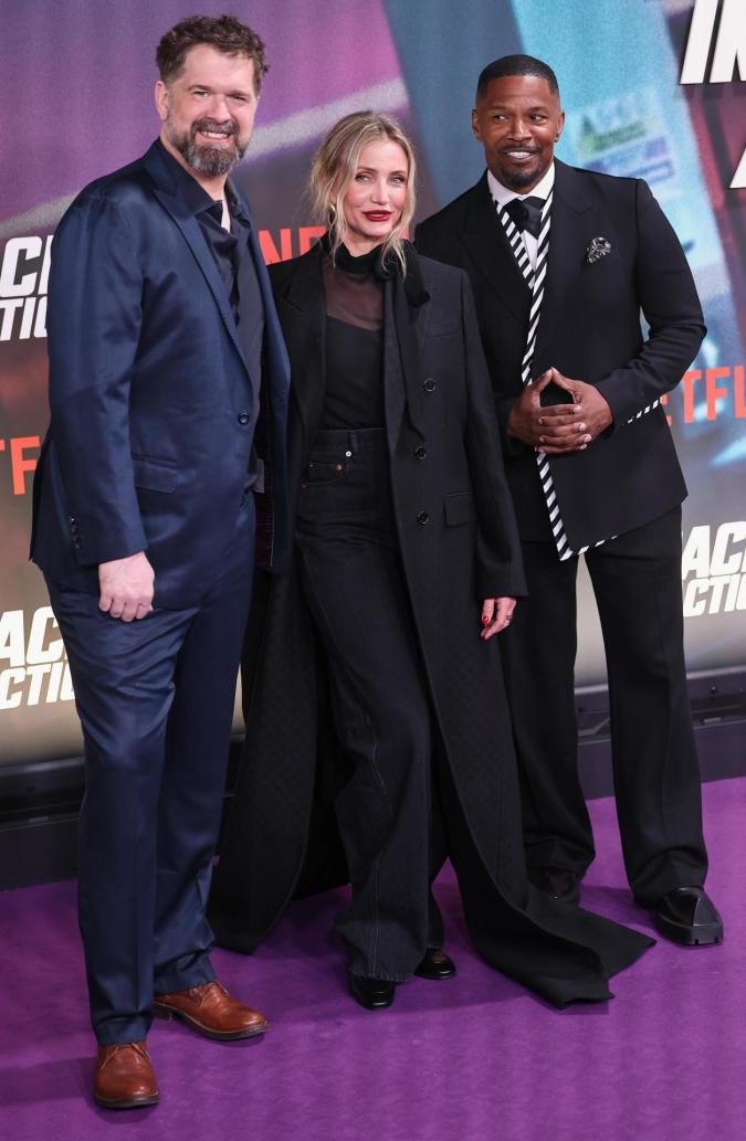 Cameron Díaz, Jamie Foxx y Seth Gordon en la alfombra morada de "Back in Action".